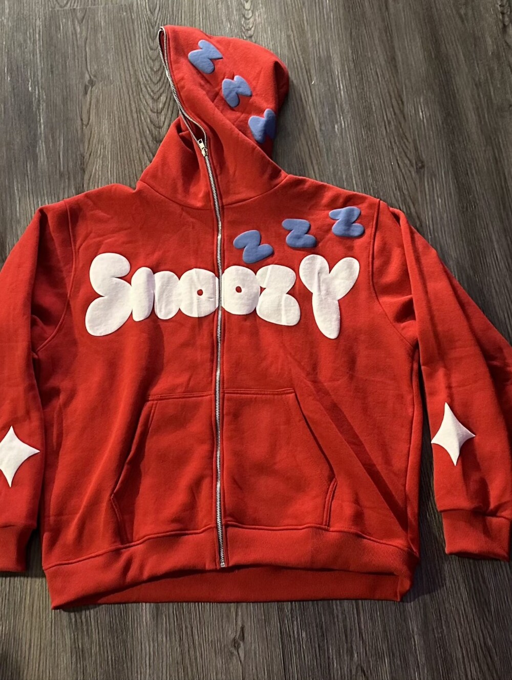 SNOOZY Red Kids Zip-Up Hoodie with Sleepy Graphic
